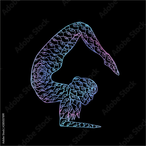 Neon illustration of a girl doing yoga. Psychedelic eye ornament.
