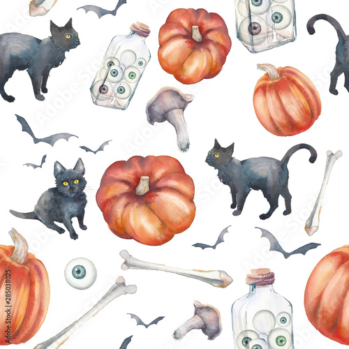 Watercolor Halloween seamless pattern. Hand painted repeating texture with pumpkins, bones, black cat, bats. photo