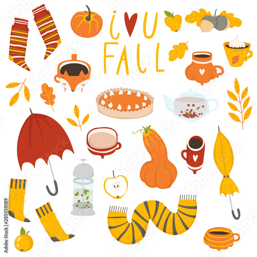 Autumn sticker collection. Set of cute cartoon autumn element. Fall season. Collection of scrapbook elements for party, harvest festival or Thanksgiving day.