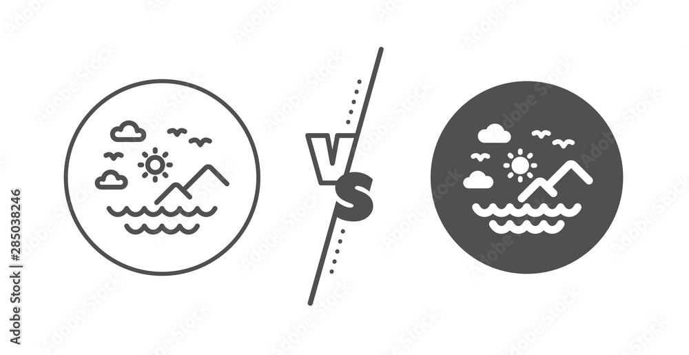 Sun, clouds and waves sign. Versus concept. Travel sea mountains line icon. Summer holidays symbol. Line vs classic sea mountains icon. Vector