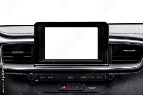 The dashboard of a modern car with the computer screen on blank