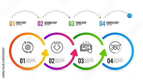 360 degrees sign. Infographics timeline. Download arrow, Cogwheel and Technical documentation line icons set. Crisis, Engineering tool, Manual. Full rotation. Technology set. Vector