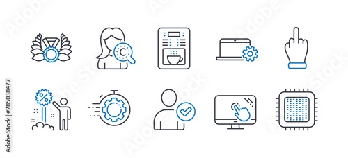 Set of Business icons, such as Discount, Notebook service, Laureate medal, Coffee maker, Collagen skin, Touch screen, Identity confirmed, Seo timer, Middle finger, Cpu processor. Vector