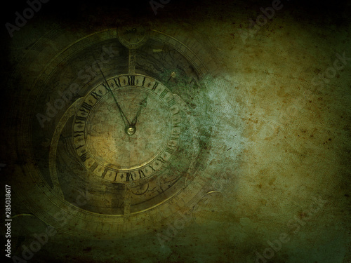 Clock grunge background, travel Industrial wallpaper, vintage steam punk collage