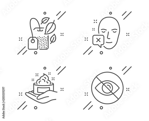 Skin care, Face declined and Mint bag line icons set. Not looking sign. Hand cream, Identification error, Mentha tea. Eye care. Medical set. Line skin care outline icon. Vector