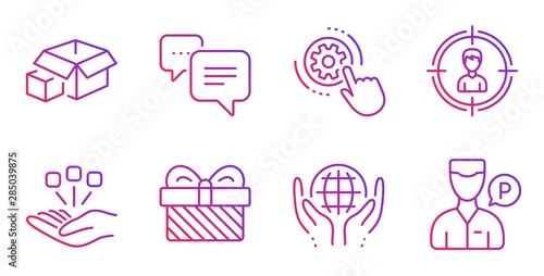 Packing boxes, Cogwheel settings and Organic tested line icons set. Headhunting, Dots message and Gift signs. Consolidation, Valet servant symbols. Delivery package, Engineering tool. Vector