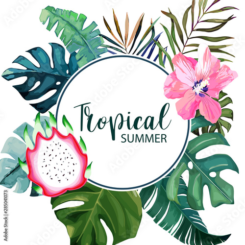 Exotic tropical palm leaves and dragonfruit. Frame border background. Summer vector illustration. Template for card. Watercolor style