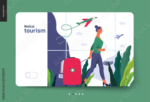 Medical tourism - medical insurance template -modern flat vector concept digital illustration - a young woman in the airport going to flight departure for the treatment abroad, medical toursm metaphor