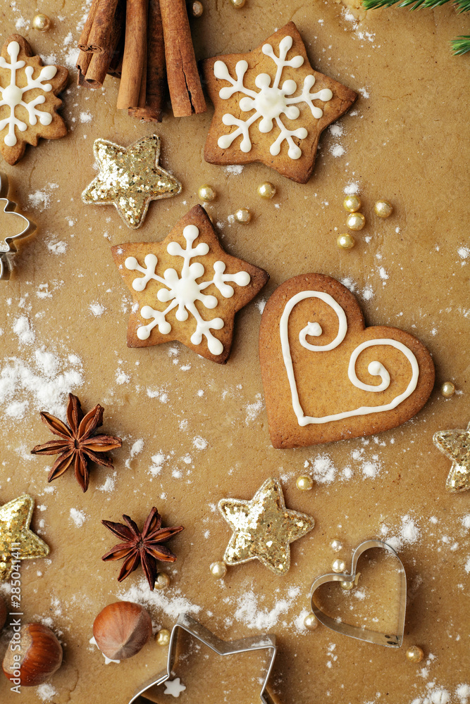 baking of christmas cookies, decorative christmas gingerbreads and spices baking of christmas cookies, decorative christmas gingerbreads and spices