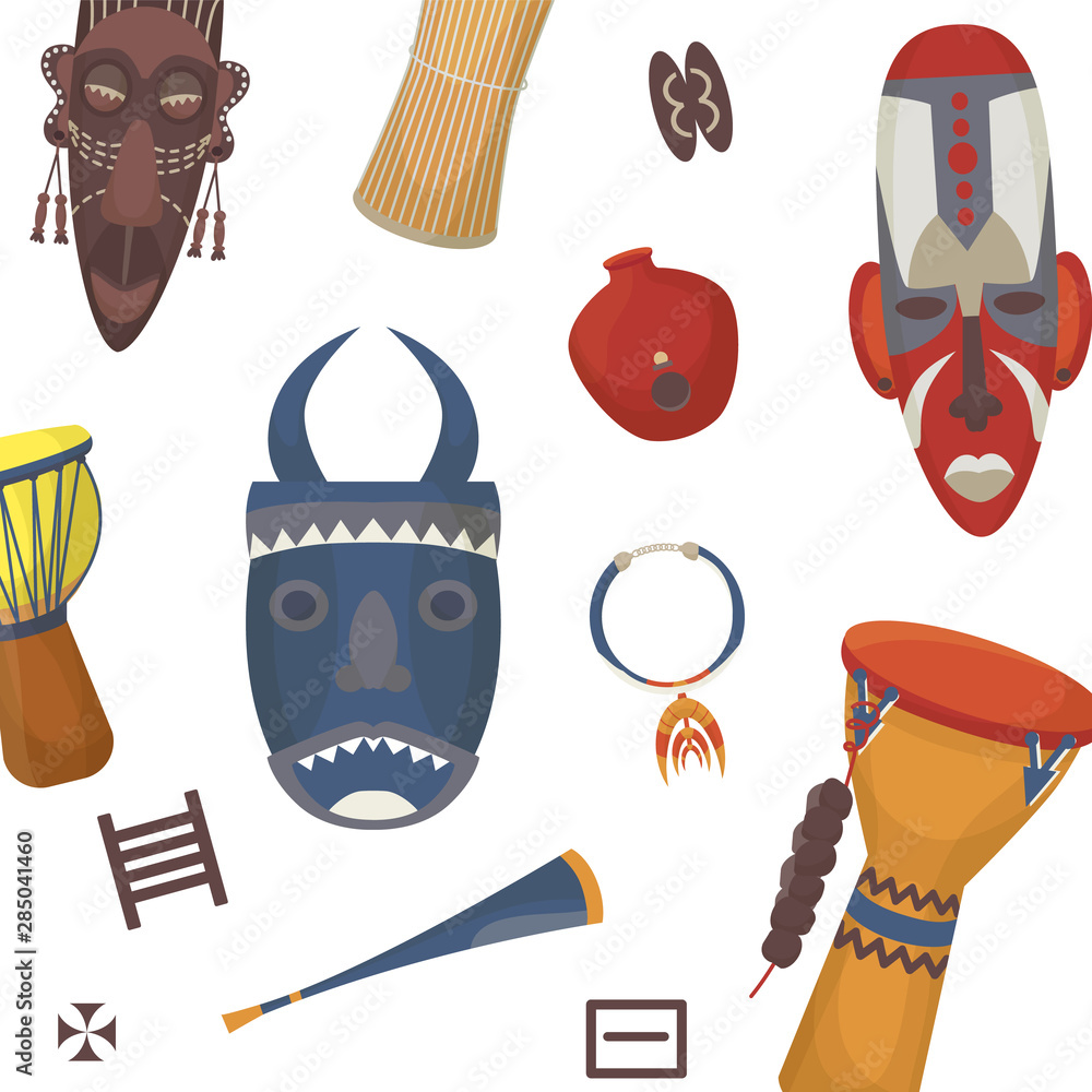 African symbols, masks, totem and drums, Africa pattern vector ...