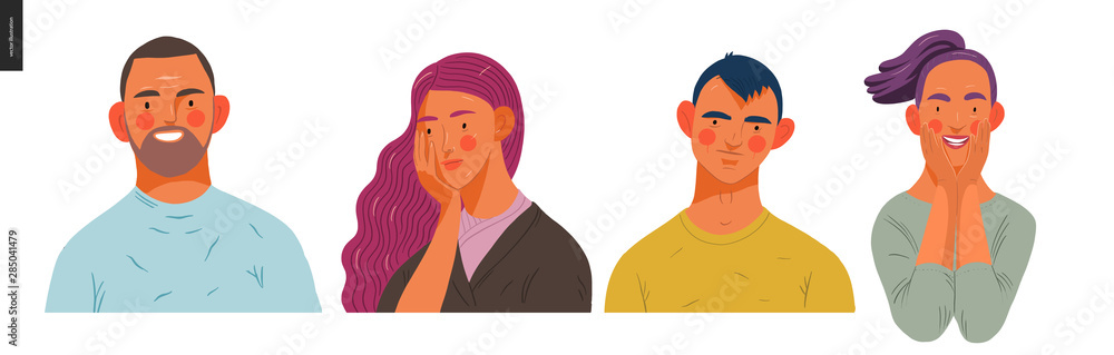Real people portraits set - hand drawn flat style vector design concept illustration of men and women, male and female faces and shoulders avatars. Flat style vector icons set Real people portraits set - hand drawn flat style vector design concept illustration of men and women, male and female faces and shoulders avatars. Flat style vector icons set