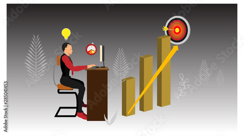 a businessman is sitting on a chair facing a working computer screen. vector contains characters and infographic charts.