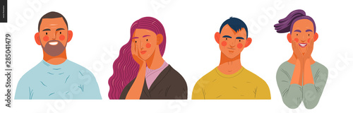 Real people portraits set - hand drawn flat style vector design concept illustration of men and women, male and female faces and shoulders avatars. Flat style vector icons set
