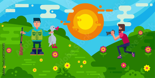 Hunter with a gun and duck hunting and photographer scene vector illustration. Cartoon characters and scenes of nature. Taking picture of successfull hunt.