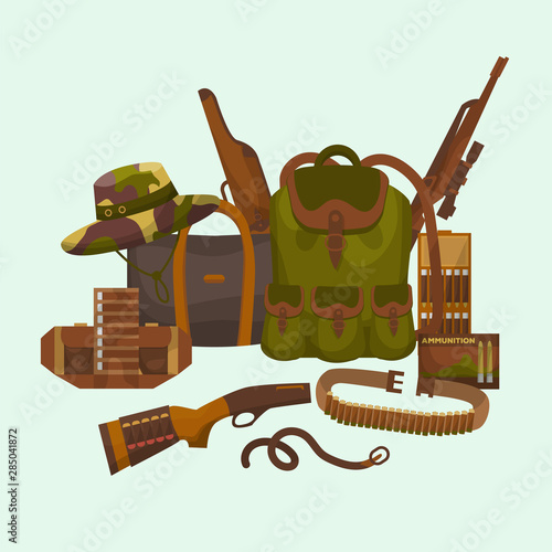 Hunter equipment vector illustration. Huntsman amunition collection. Flat colored military hunter equipment for hunters or huntsman with riffle, gun, camouflage backpack and hat.