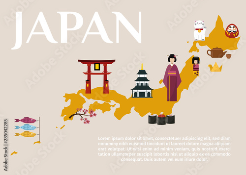Traditional Japan travel map, famous culture symbols vector illustration. Japan travel and tour in Japanese oriental word. Tea kettle, geisha, shinko gates and pagoda on golden map of Japan.