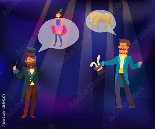 Magic show vector illustration. Magician conjured rabbit out of magical hat. Illusionist performing tricks with girl on chapiteau circus stage. Magic show, imagination invitation.
