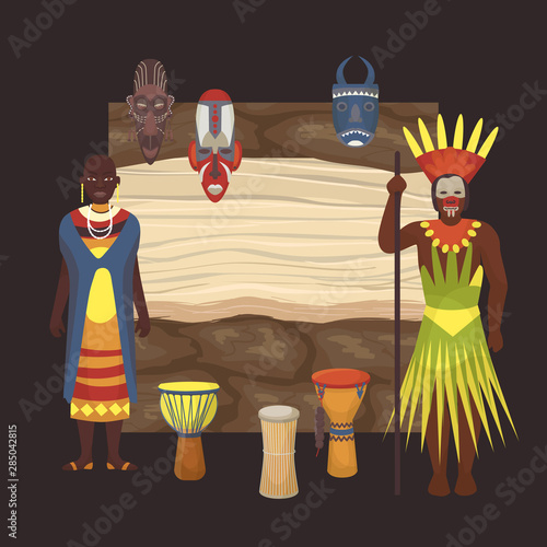 Native black skinned people of African tribes and Africa, cartoon vector illustration. Full length portraits of Africans with masks and drums.