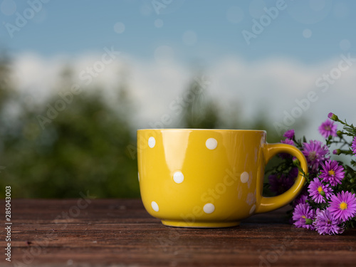Yellow cup and flowers on wooden table © daphnusia