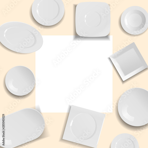 White empty ceramic plates in different points of view on frame isolated vector illustration. Plates and dishes clean for kitchen, porcelain dishware around frame.