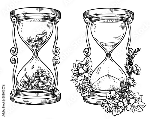 flower; concept; decorative; rose; design; ink; sand glass; sand clock; hour glass; counting; second; sandglass; retro; antique; process; history; time; old; graphic; traditional; vintage; flow; count