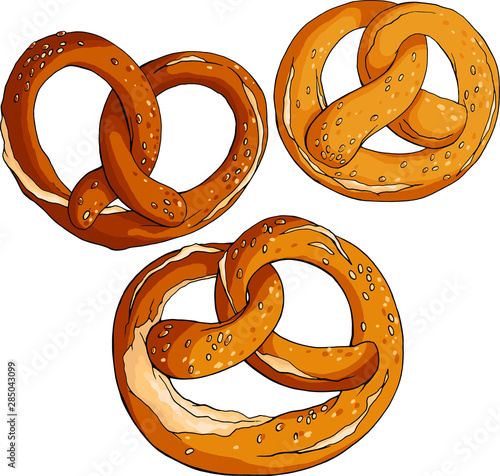 Vector set with big apetizing pretzels. Traditional october fest food for beer. 