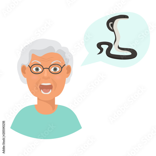 Snakes scared head of eldery woman cartoon vector illustration. Grandmother suffering from the fear and terror of poisonous snake cobra.