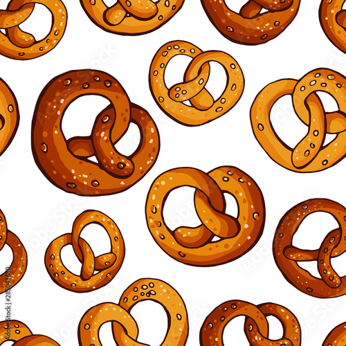 Vector seamless pattern with appetizing pretzels on white  . Holiday october fest design.
