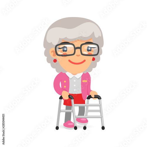 Old lady is walking with a zimmer frame. Flat female character.