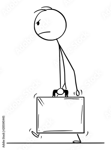 Vector cartoon stick figure drawing conceptual illustration of angry man walking with suitcase, briefcase or case.