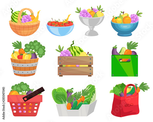 Fruits and vegetables in containers flat vector illustrations set