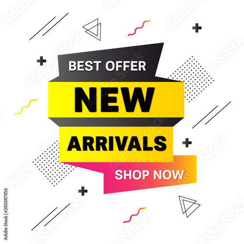 New Arrivals banner. Memphis style. Sale offer price sign. New Arrivals symbol. Geometric vector banner. Discount text. Gradient shape badge. Vector	