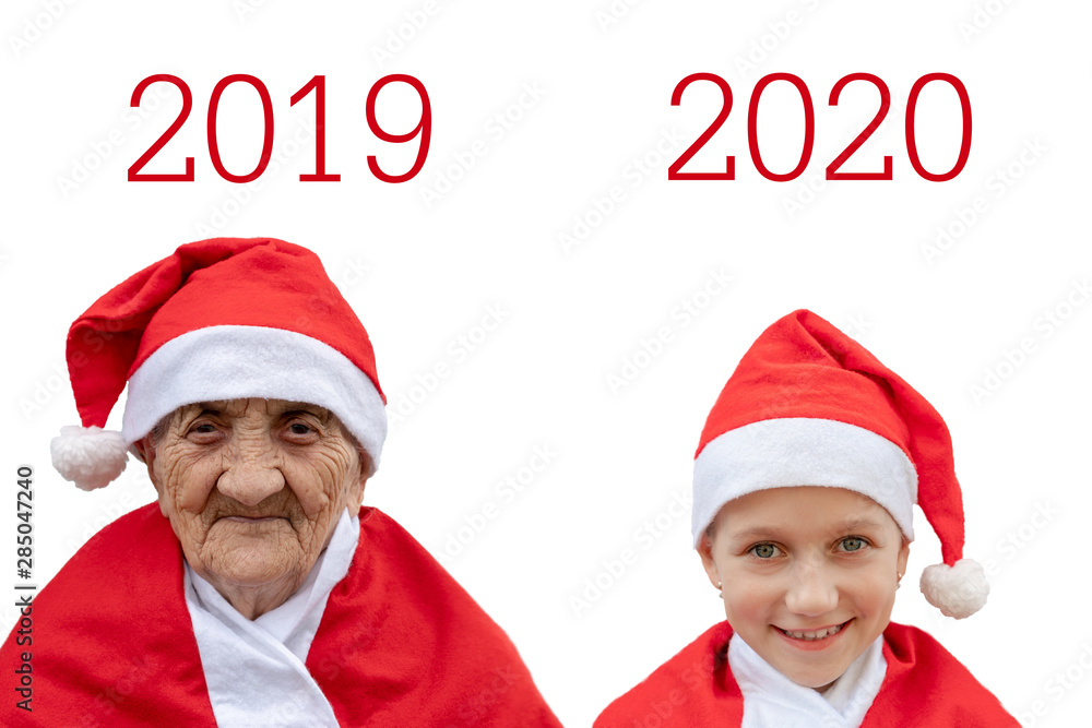 Christmas collage. Old woman in santa claus hat as a symbol of the ...