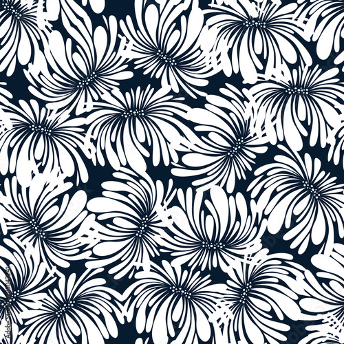 Abstract seamless pattern with flowers. White floral on dark backgound. Decorative print with plants