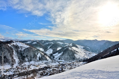 landscape with Cheia village and Bucegi mountains in winter