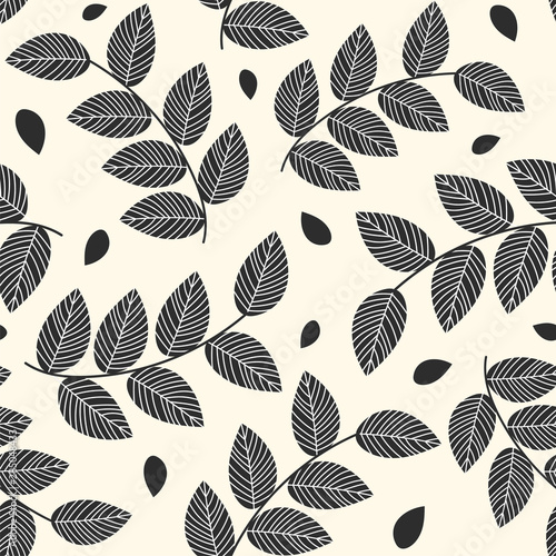Modern hand drawn seamless pattern with leaves silhouette. Vintage background. Vector