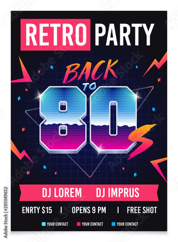 Retro party 80's style, promo poster, 1980s retro flyer. Back to 80s Vector illustration