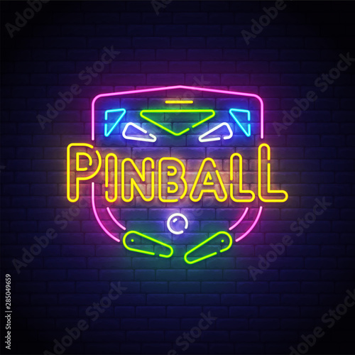 Pinball neon sign, bright signboard, light banner. Pinball logo neon, emblem. Vector illustration