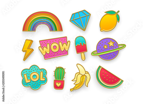 Enamel pin, clothing patch, pin, patches, badges and stickers set. 80s-90s style. Vector illustration