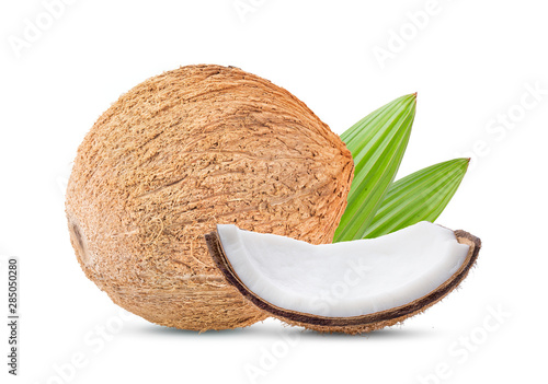 coconut with leaf isolated on white background. full depth of field