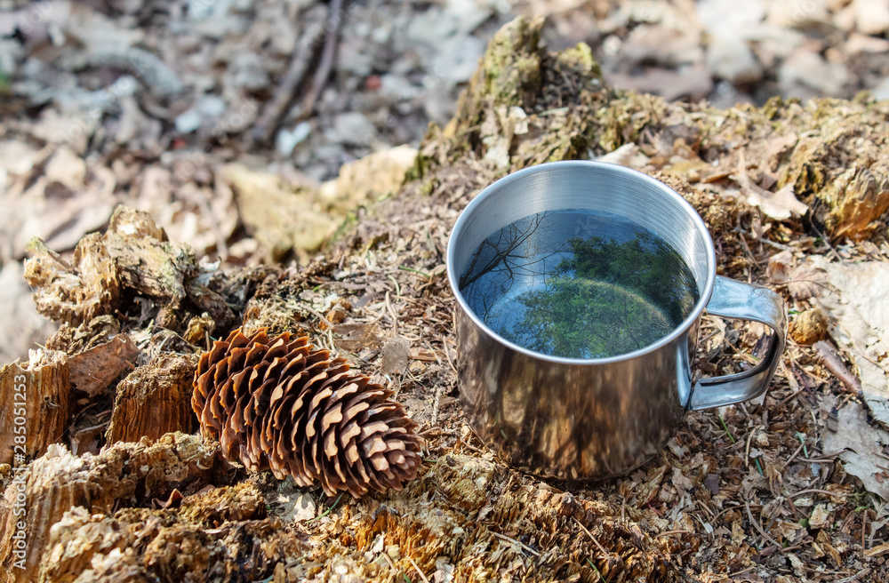 Obraz premium metal cup of water on a stump in the forest