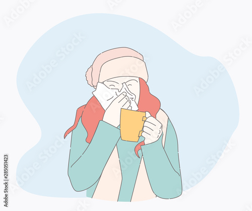 symptoms of a cold patient. hand drawn style vector design illustrations. runny nose character. Health And Pain. the girl is sick
