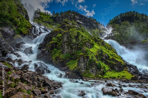 Latefossen  Latefoss  twin waterfall - one of the biggest waterfalls in Norway  nearby Odda. HDR image  july 2019