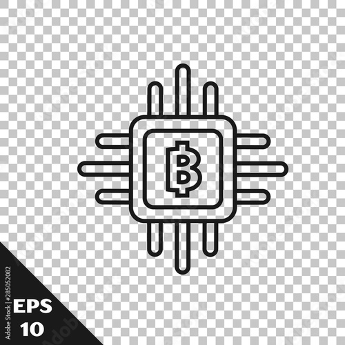 Black line CPU mining farm icon isolated on transparent background. Bitcoin sign inside processor. Cryptocurrency mining community. Digital money. Vector Illustration