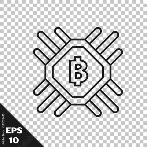 Black line CPU mining farm icon isolated on transparent background. Bitcoin sign inside processor. Cryptocurrency mining community. Digital money. Vector Illustration