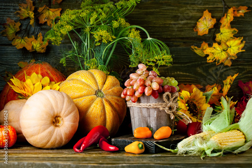 The table  decorated with vegetables and fruits. Harvest Festival. Happy Thanksgiving. Autumn background. Selective focus.
