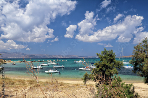 The beach  harbour and clear turquoise sea at Agia Anna  Naxos  Greek Islands