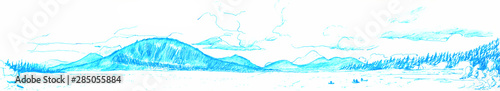 Turquoise Hand Drawn Misty Hills Panorama