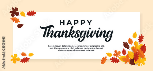 Happy thanksgiving day text background with fall dry leaves ornament vector illustration banner template