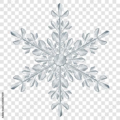 Big complex translucent Christmas snowflake in gray colors for use on light background. Transparency only in vector format